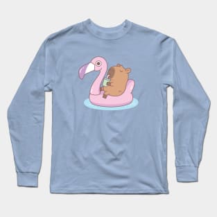 Cute Capybara Chilling On Pink Flamingo Pool Float Long Sleeve T-Shirt